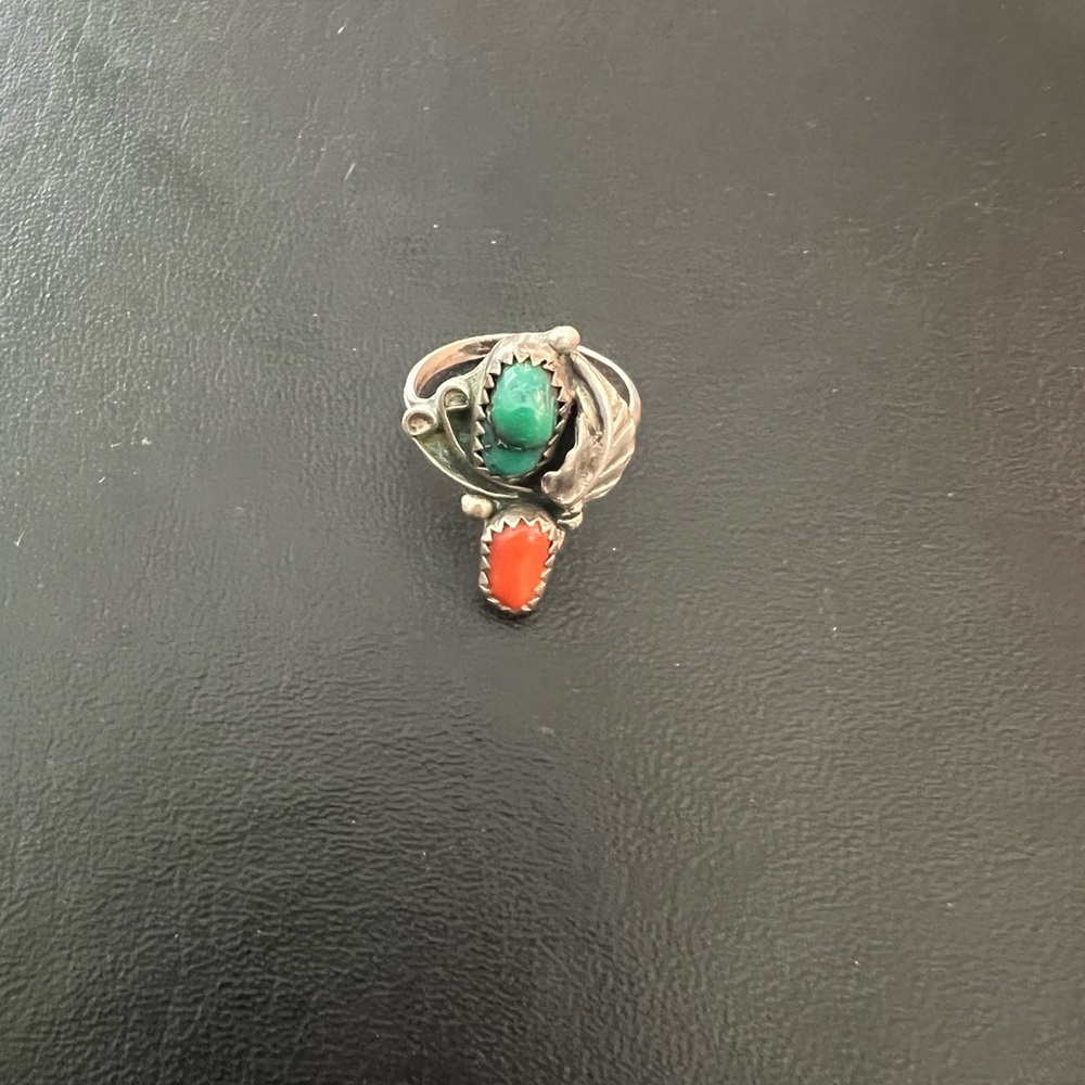 Navajo turquoise and coral sterling silver leaf ring size 5.5